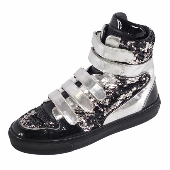 Louis Vuitton Women Silver & Black Sequin Leather High-Top Sneakers size 41.5 - Picture 1 of 13
